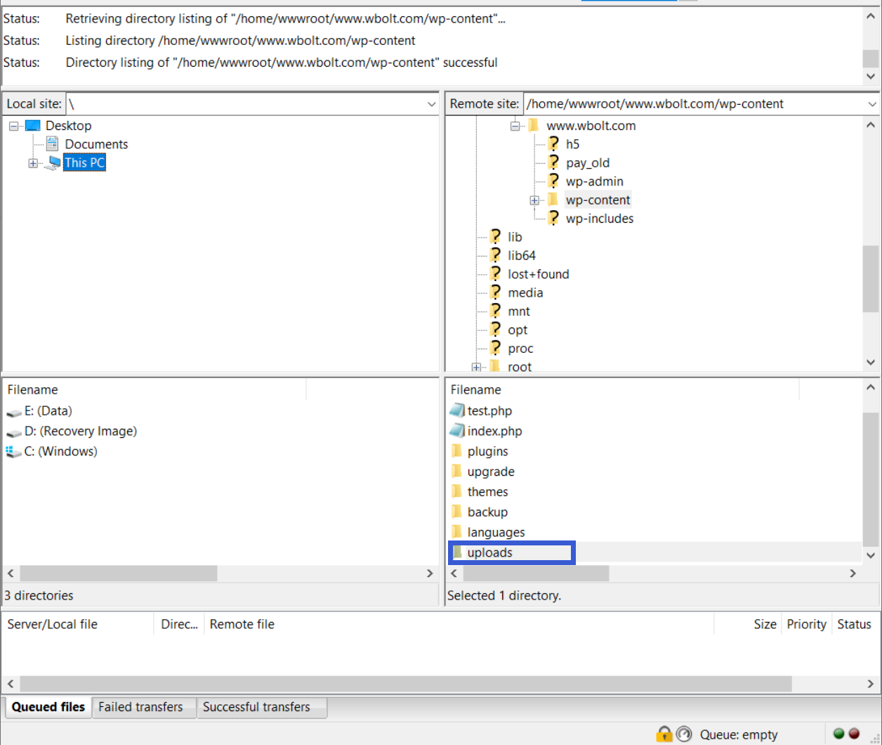 通过FileZilla访问uploads目录