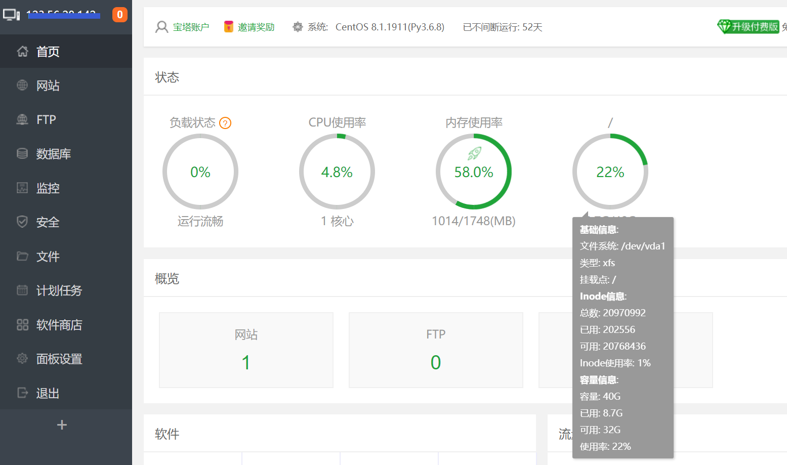 宝塔面板后台服务器仪表盘数据