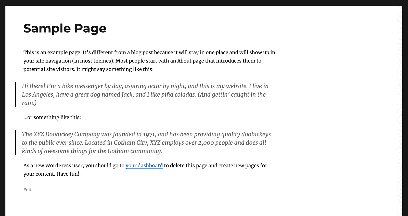 移除侧边栏后WordPress网站示例