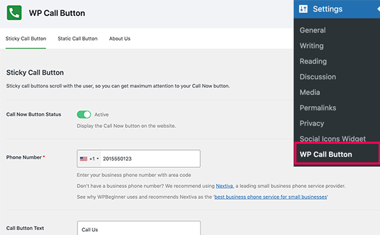 WP Call Button插件设置 WP Call Button插件设置