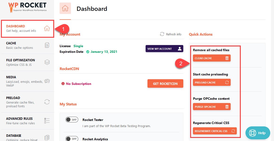 WP Rocket插件仪表盘