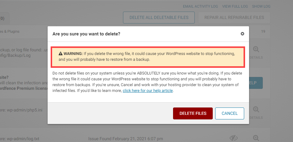 WordFence插件文件删除提醒