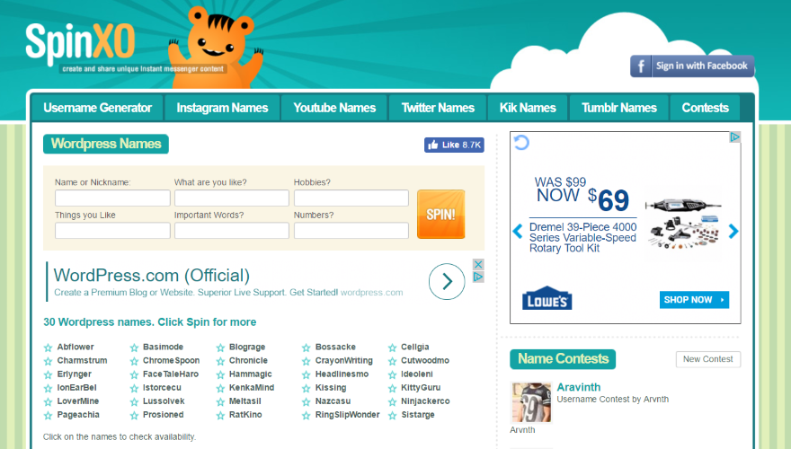 SpinXO WordPress Names
