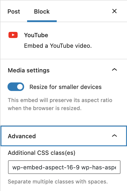 YouTube嵌入区块侧边栏设置