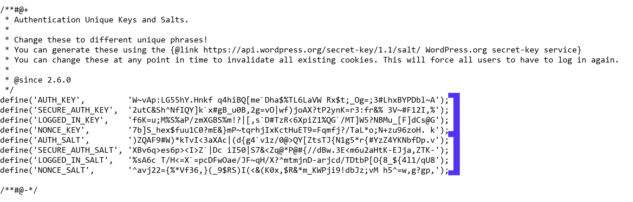 wp-config.php文件中的Salts示例 wp-config.php文件中的Salts示例