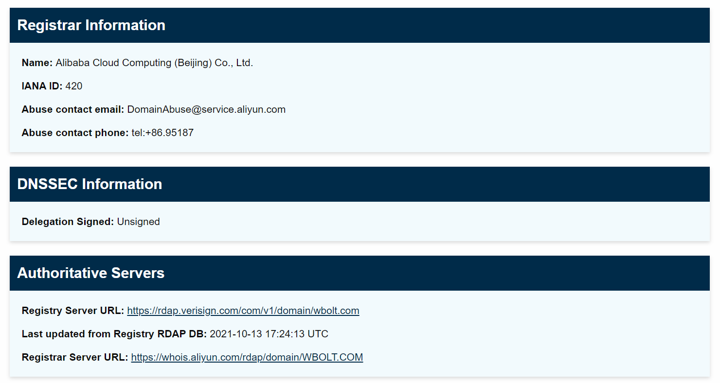 通过ICANN查找工具获取wbolt.com的联系信息