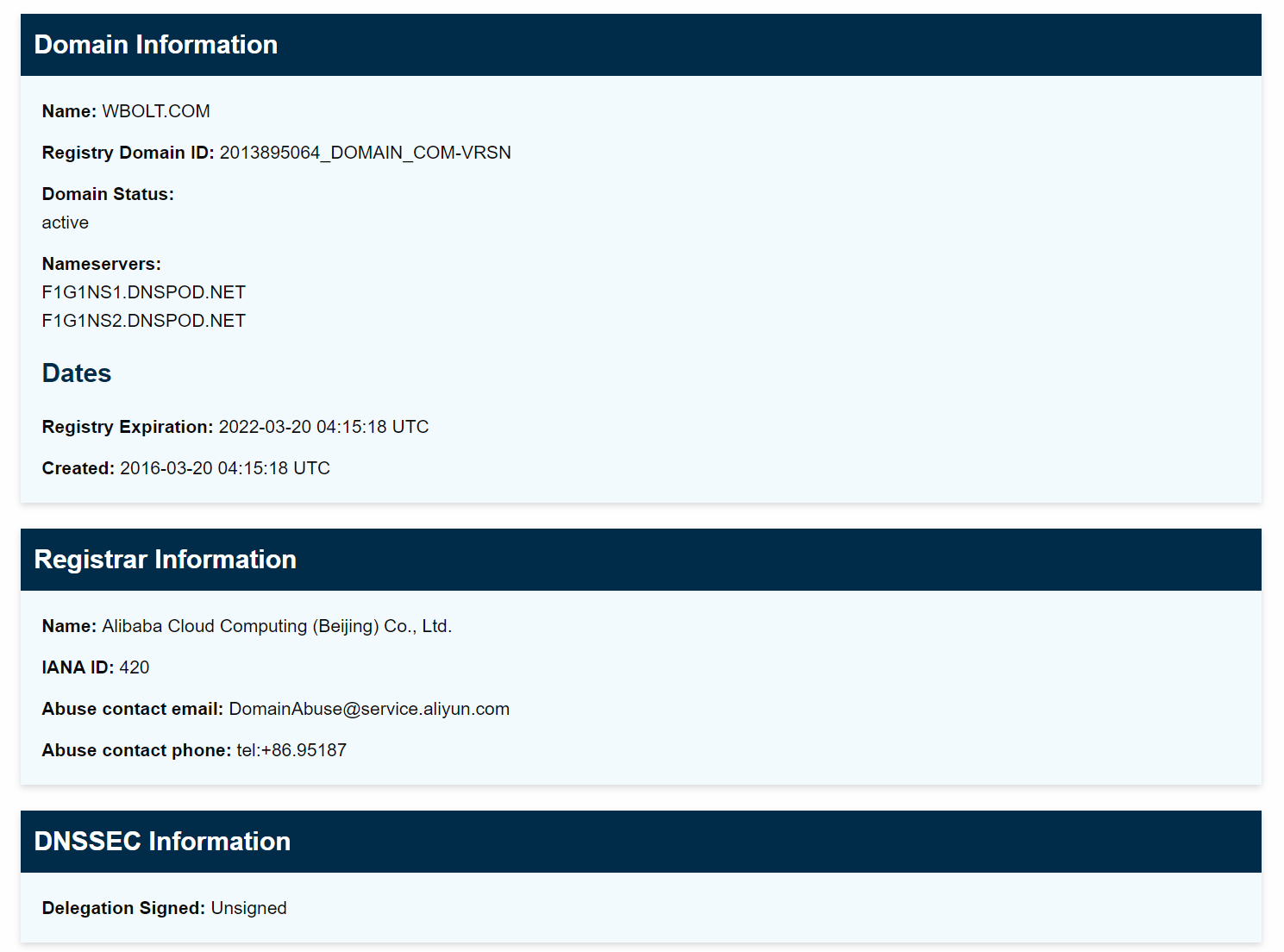 通过ICANN查找工具获取wbolt.com的域名信息