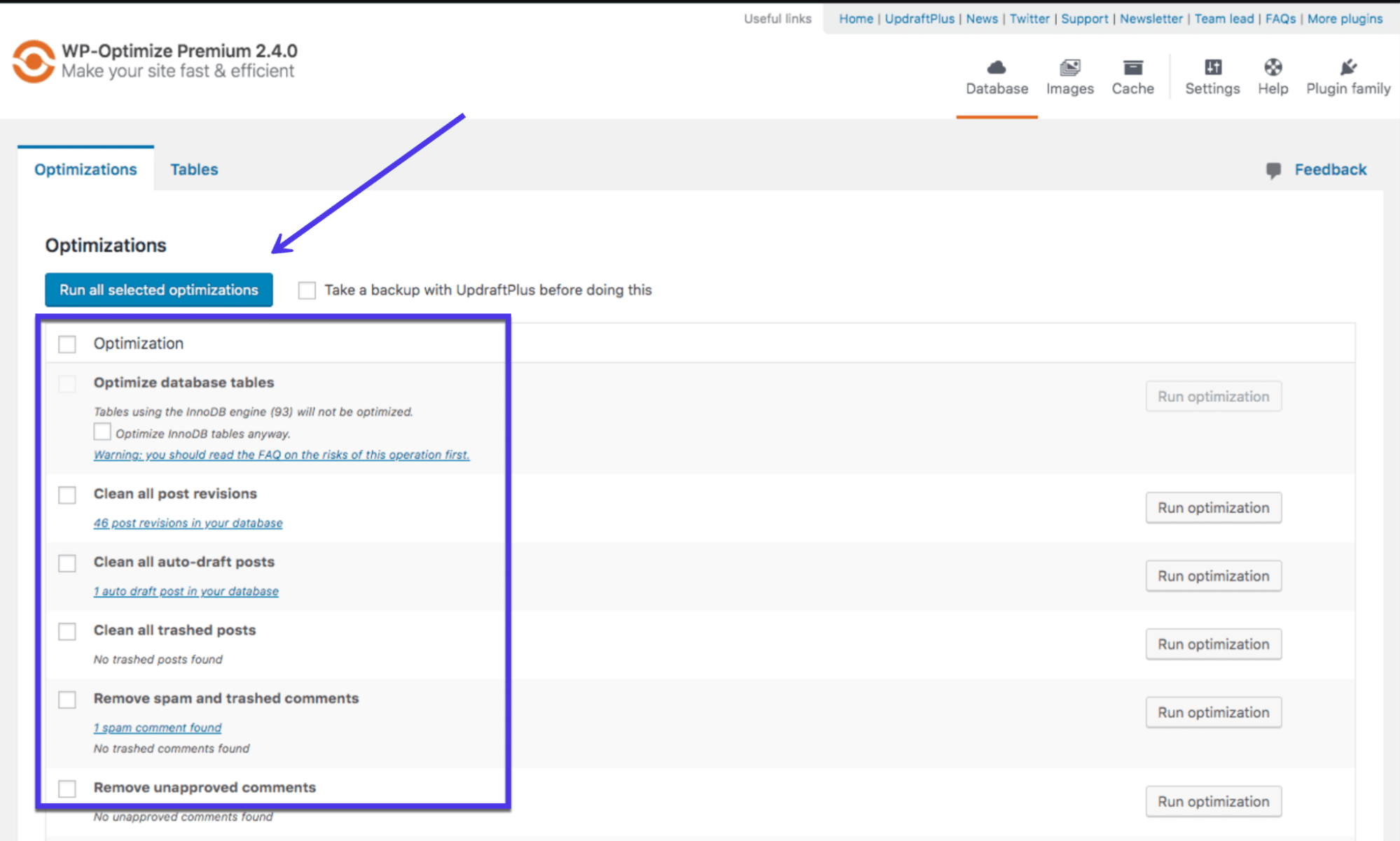 使用WP-Optimize之类的优化工具清理数据库