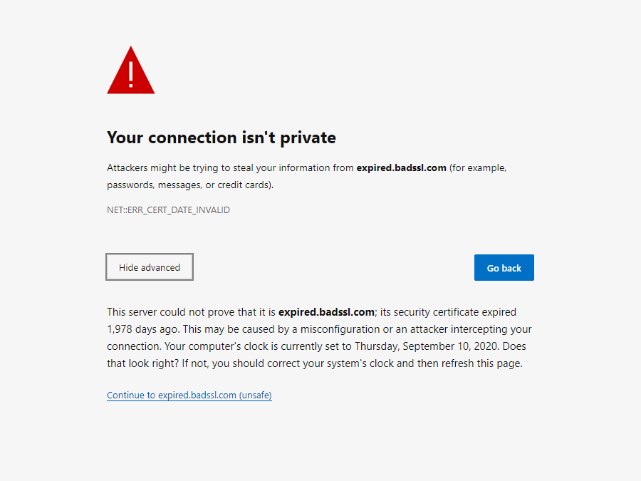Microsoft Edge中的NET::ERR_CERT_DATE_INVALID错误消息。 Microsoft Edge中的NET::ERR_CERT_DATE_INVALID错误消息。