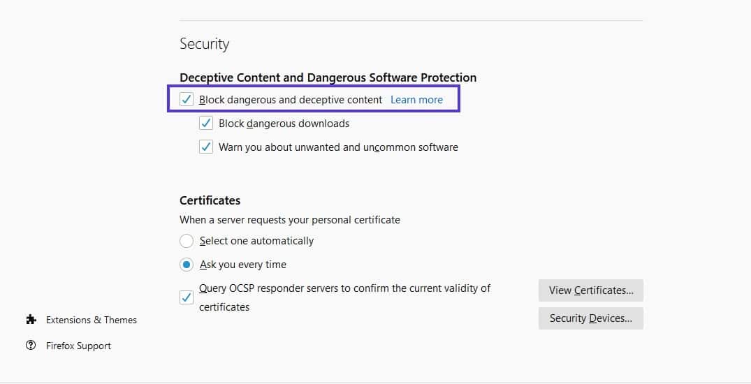 Firefox设置的“安全”部分