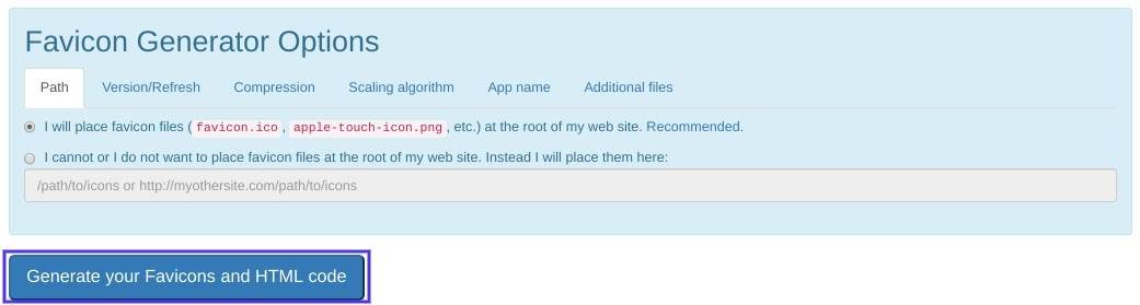 RealFaviconGenerator上的网址图标生成器设置界面