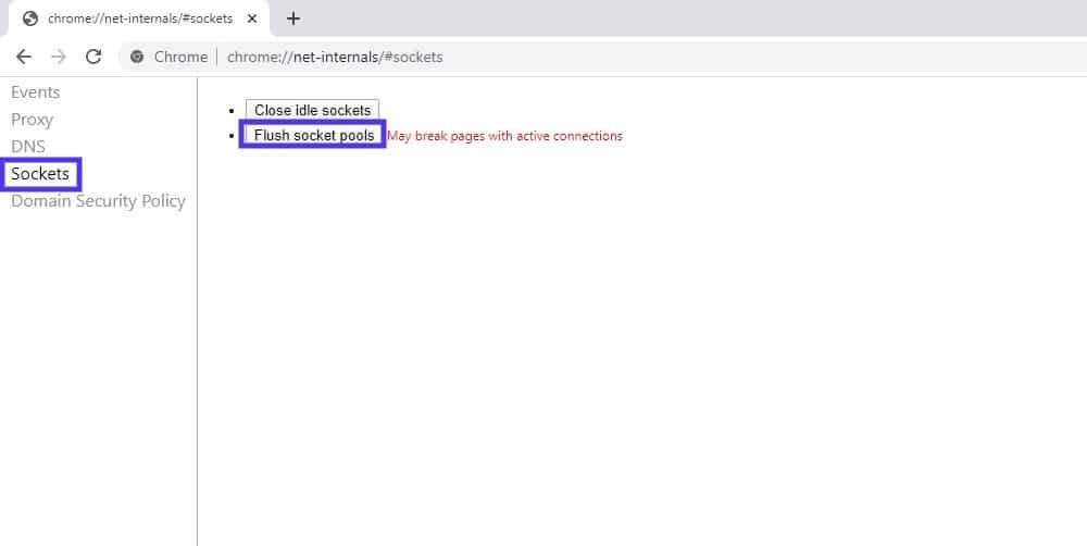 Google Chrome中的套接字设置页面 Google Chrome中的套接字设置页面