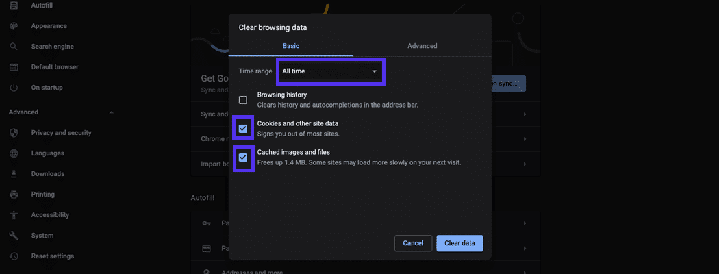 选中该框以清除cookie和缓存的图像