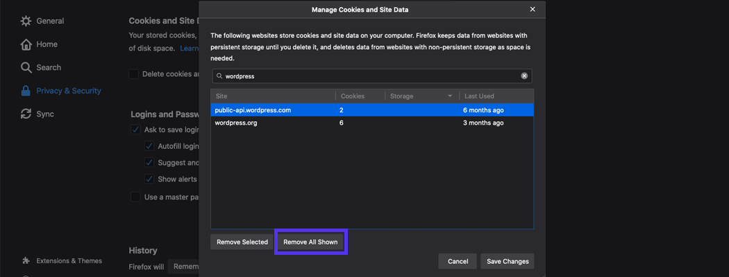 单击“删除所有显示”按钮删除所有cookie