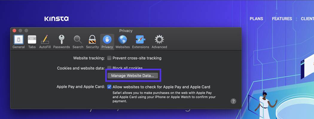 单击隐私设置中的管理网站数据按钮
