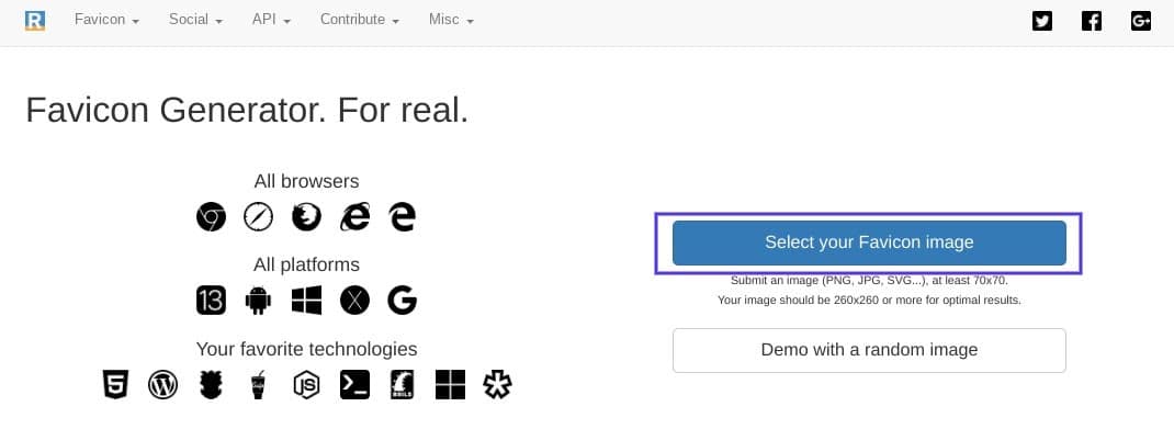 在RealFaviconGenerator上上传网站图标源图像