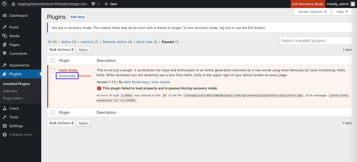 在恢复模式下停用插件