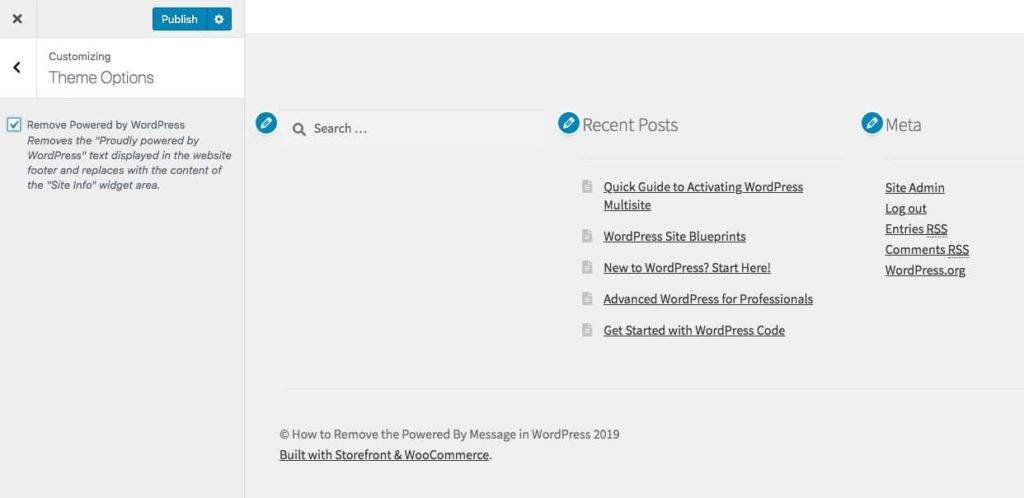 “powered by WordPress”未从Storefront主题中删除