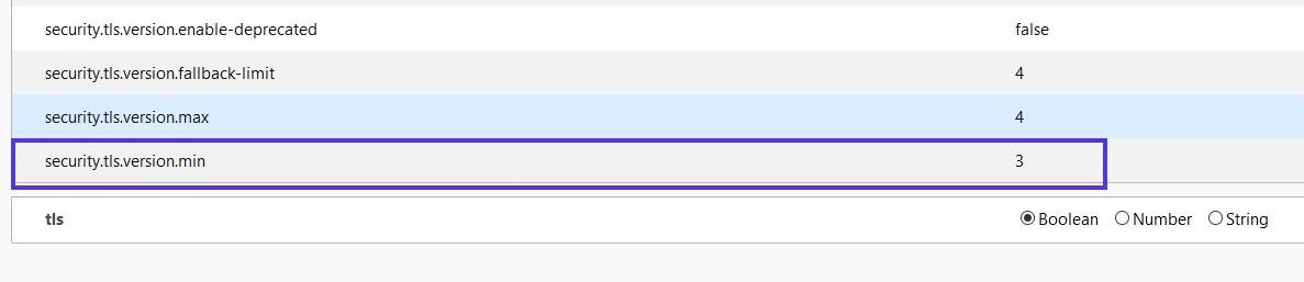 在Firefox浏览器中找到security.tls.version.min首选项