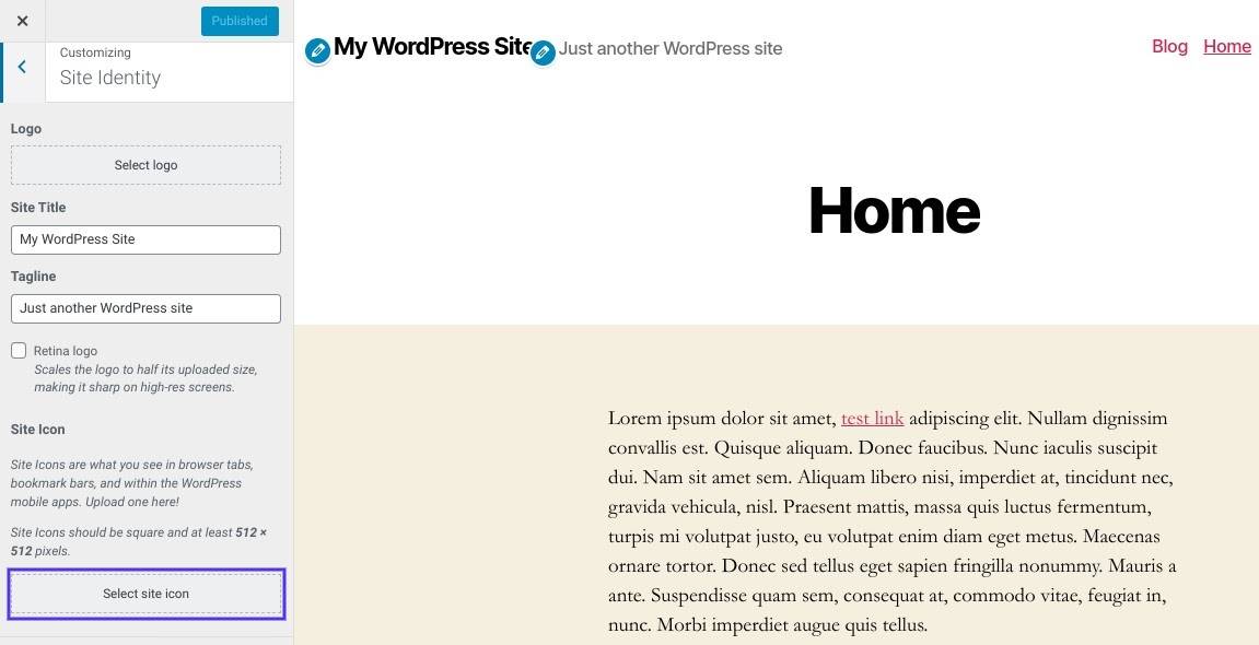 WordPress定制器中的“选择站点图标”按钮