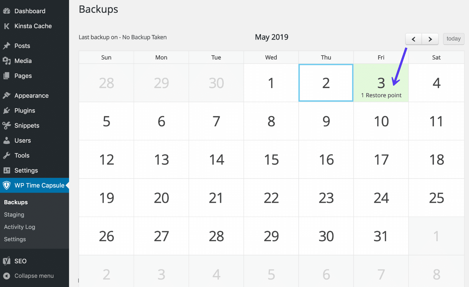 选择WP Time Capsule还原点