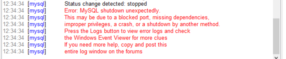 XAMPP错误-“MySQL 意外关闭”