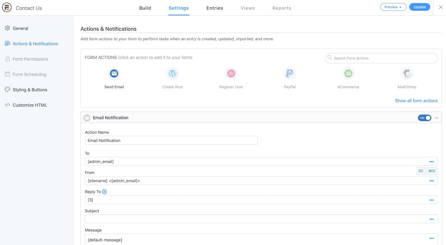 Formidable Forms电子邮件通知设置
