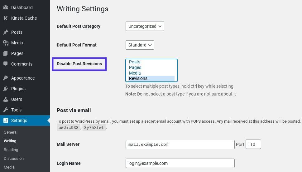 Disable Post Revisions插件设置