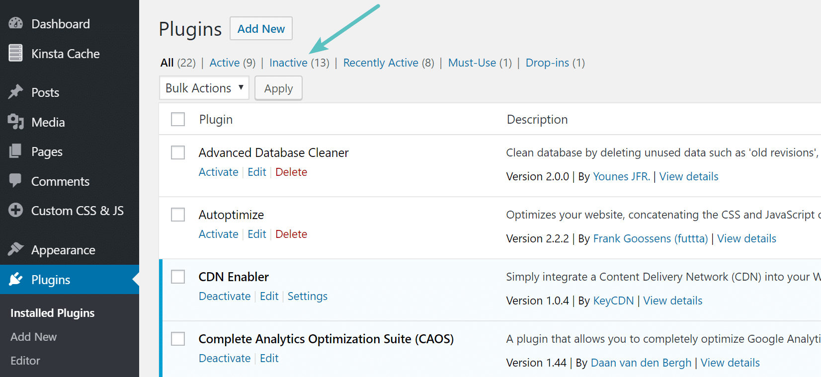 非活动的WordPress插件