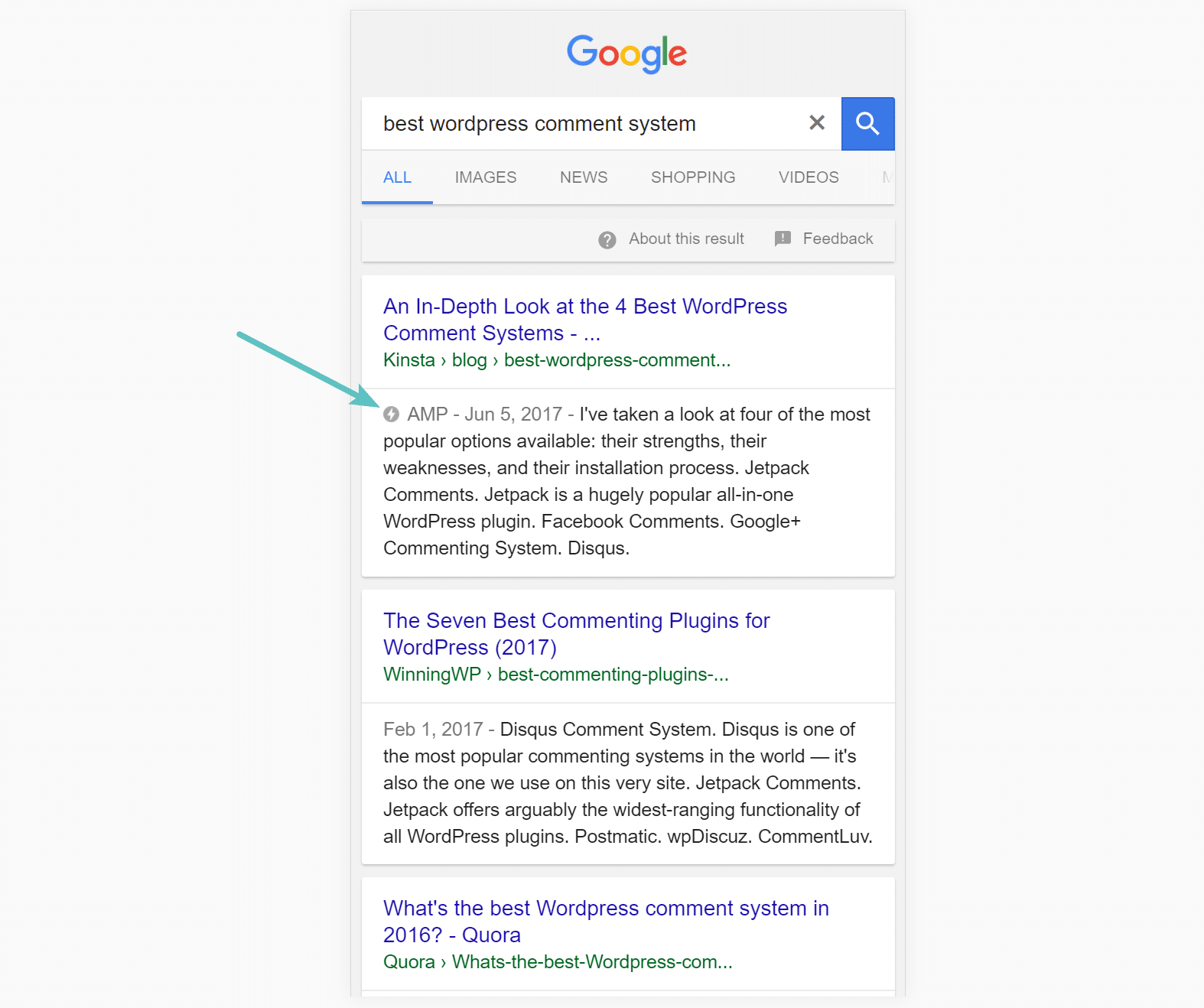 SERP中Kinsta AMP的示例