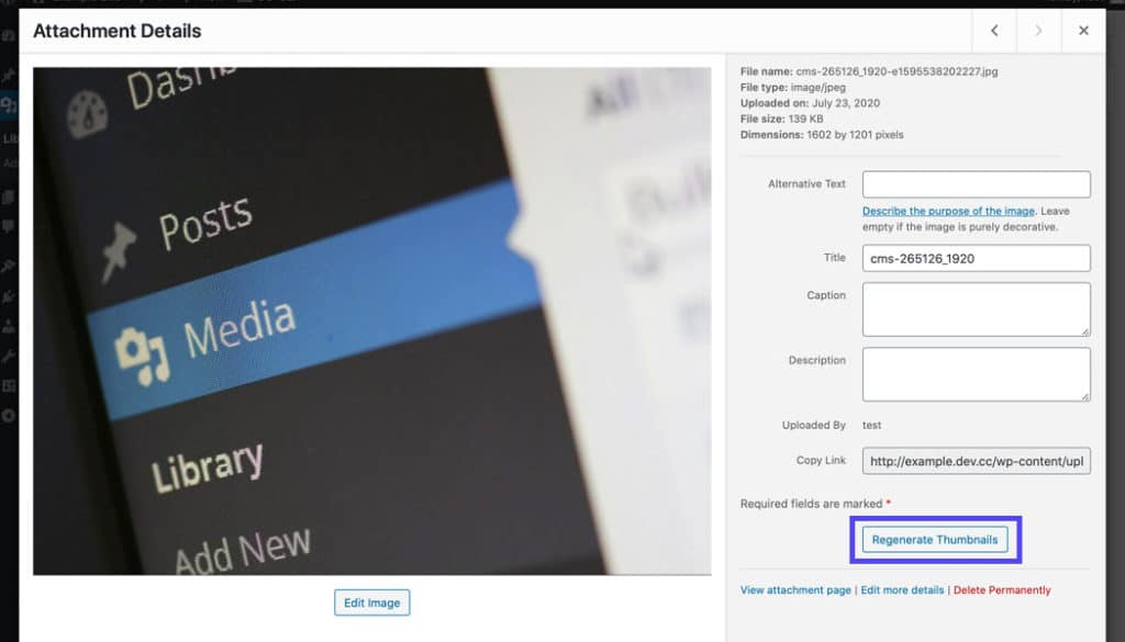 您可以在附件详细信息中重新生成缩略图