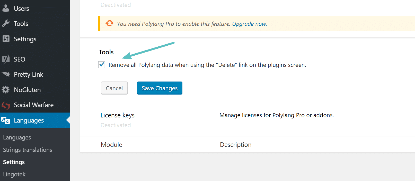 Polylang删除插件数据
