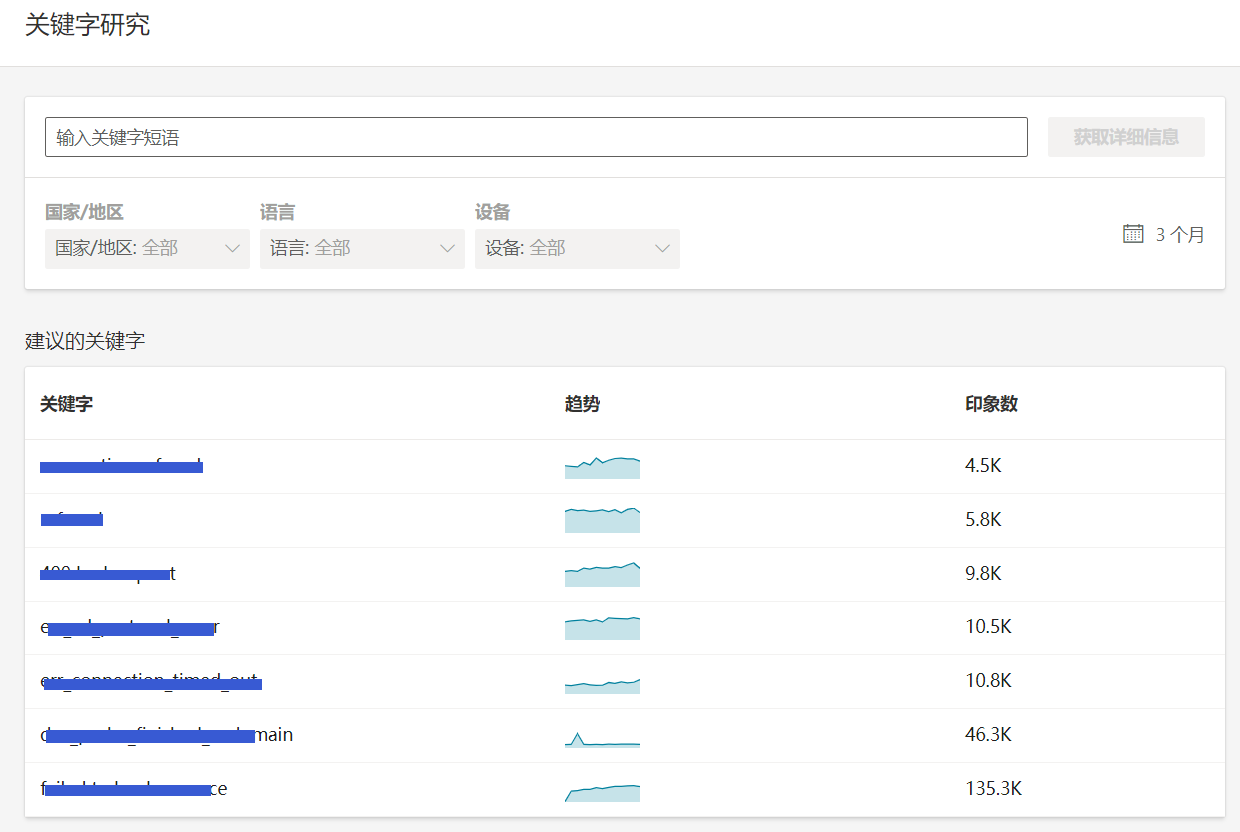 Bing中的搜索关键字报告