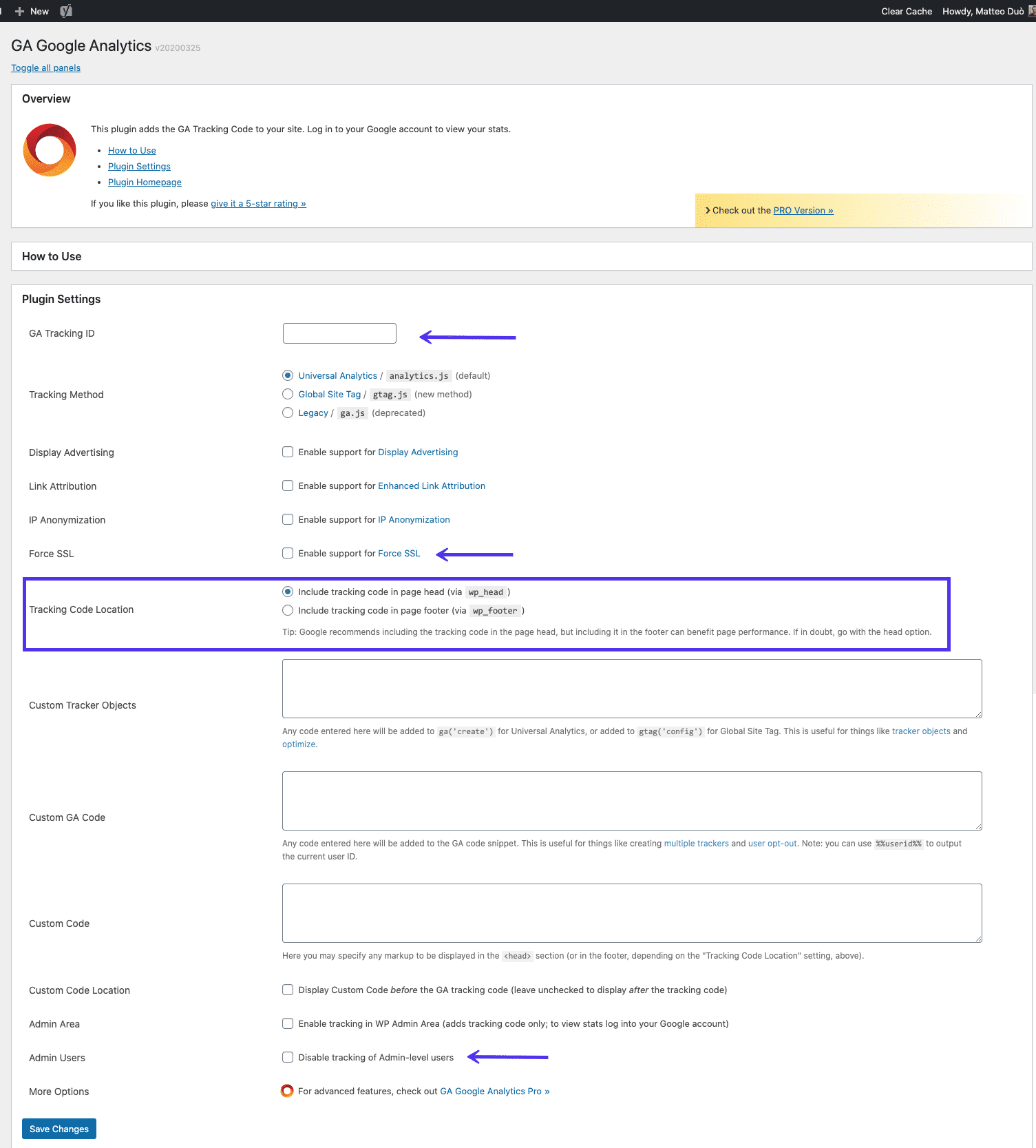 GA Google Analytics WordPress插件设置页面