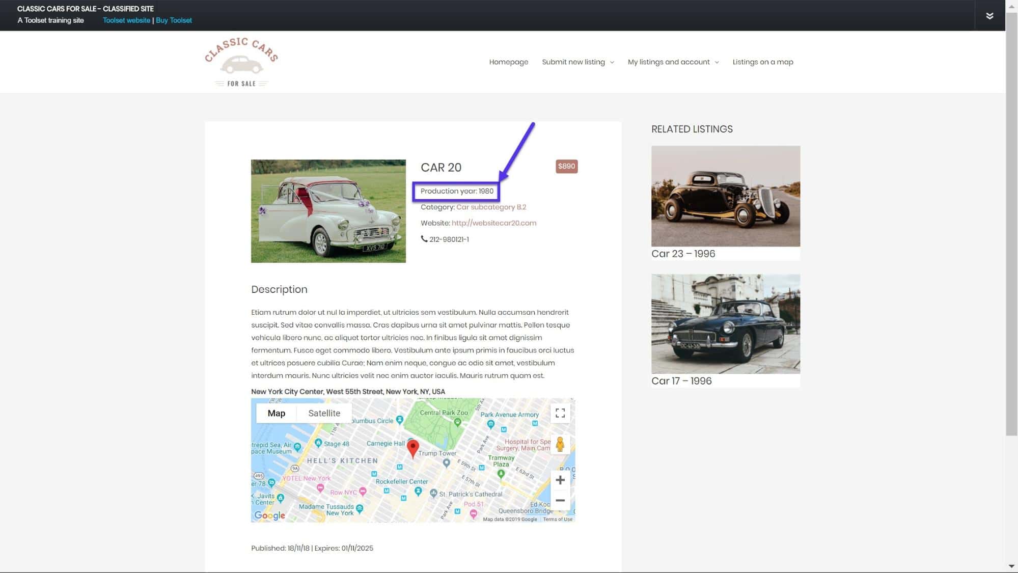 生产年份作为工具集中自定义字段的示例