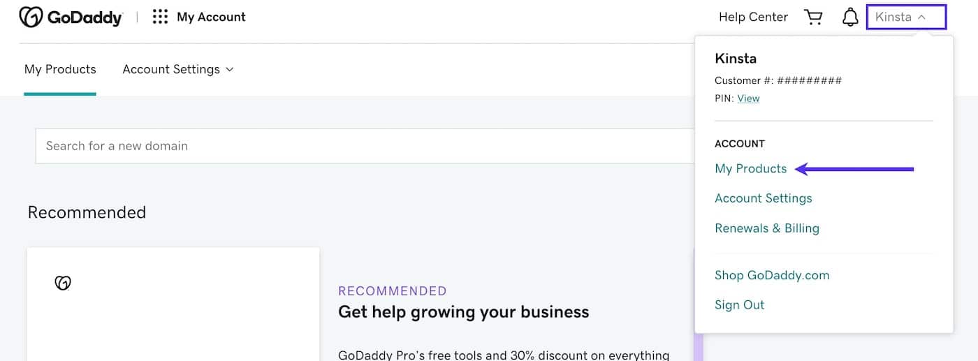 在您的GoDaddy帐户名下选择我的产品 在您的GoDaddy帐户名下选择我的产品