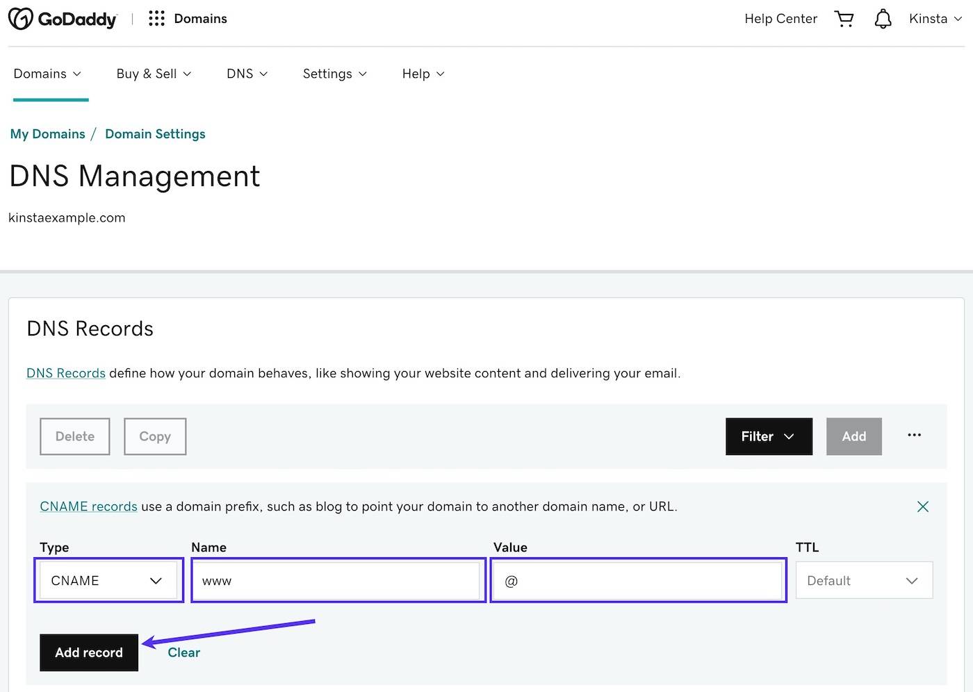 在GoDaddy DNS中添加www CNAME记录 在GoDaddy DNS中添加www CNAME记录