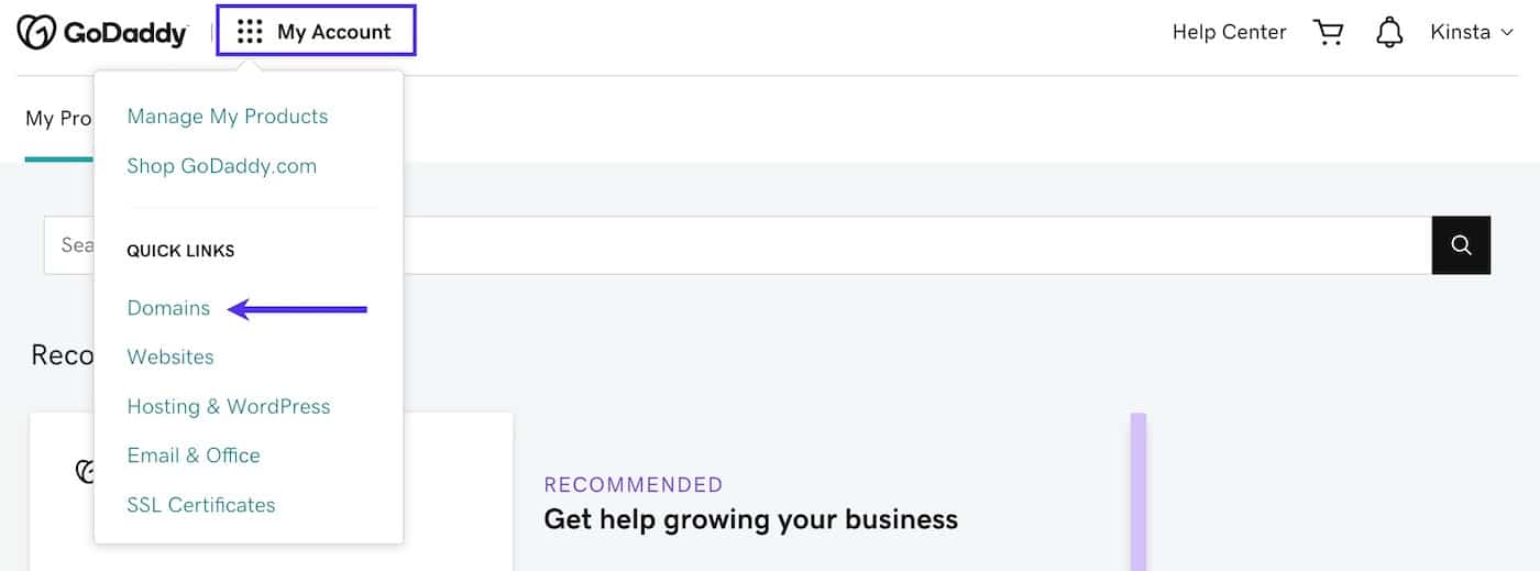 在GoDaddy的我的帐户下拉菜单中选择域 在GoDaddy的我的帐户下拉菜单中选择域