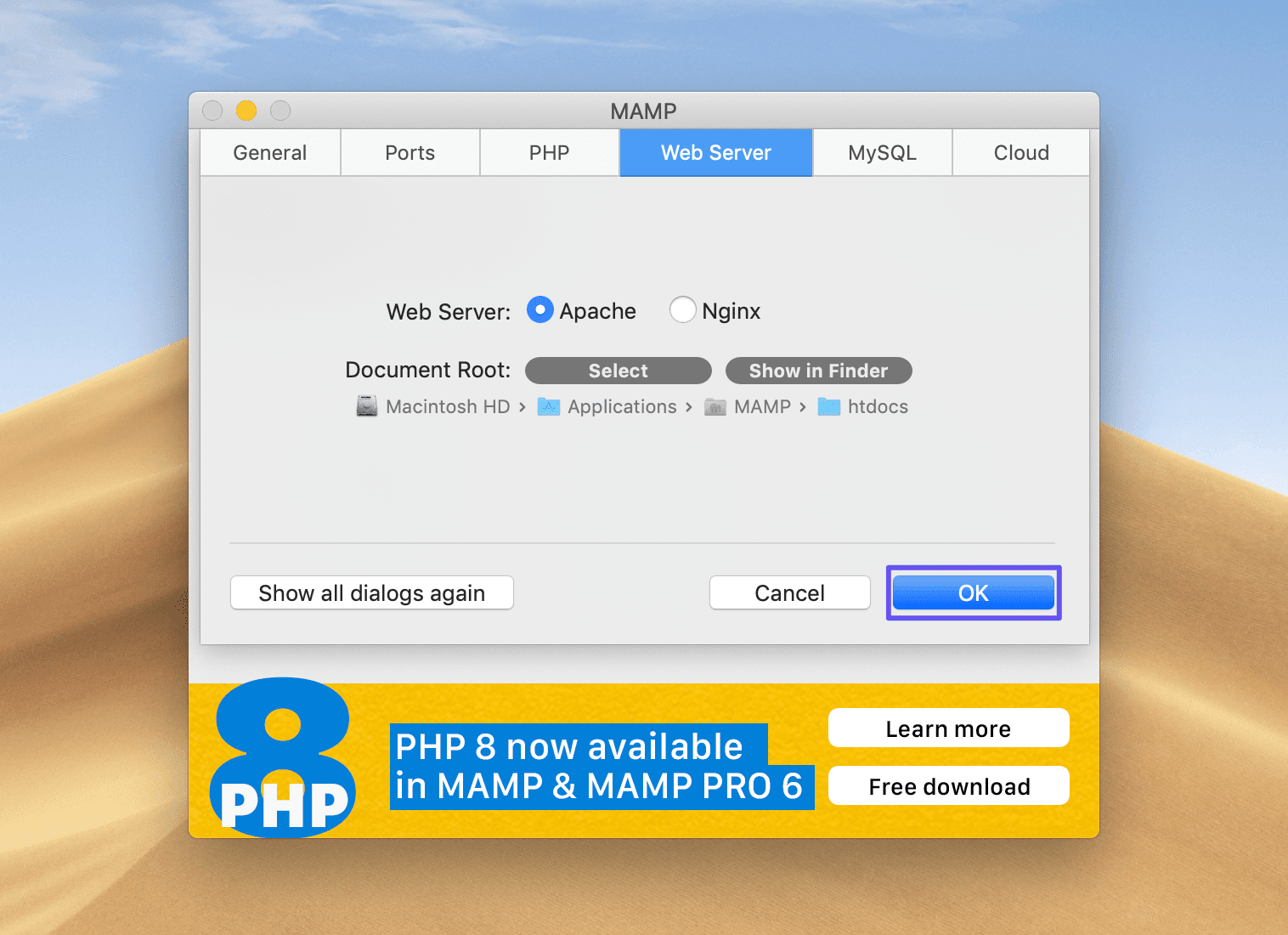 在Web Server首选项窗口中确认MAMP文档根目录