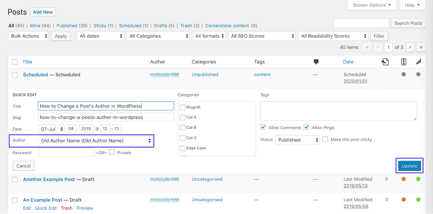 通过快速编辑选项更改作者