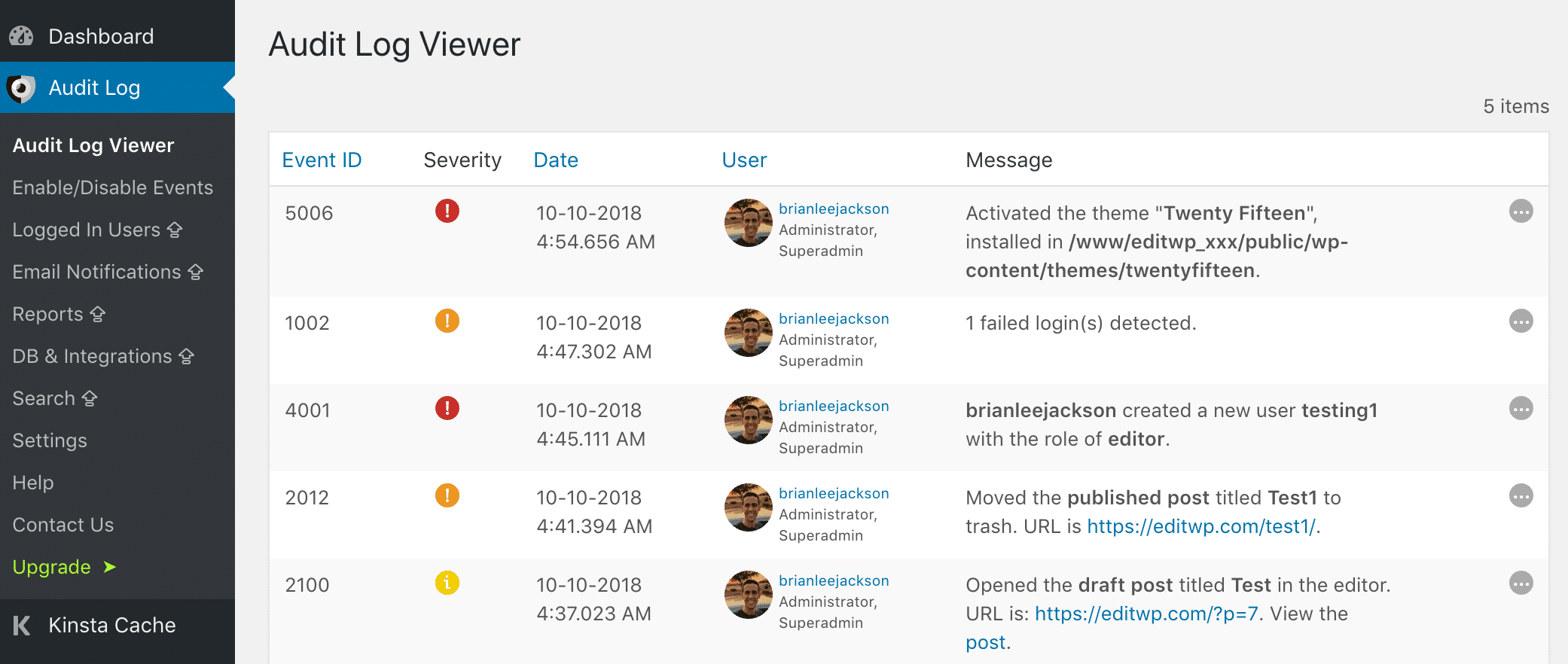 WP Security Audit Log更改为主题