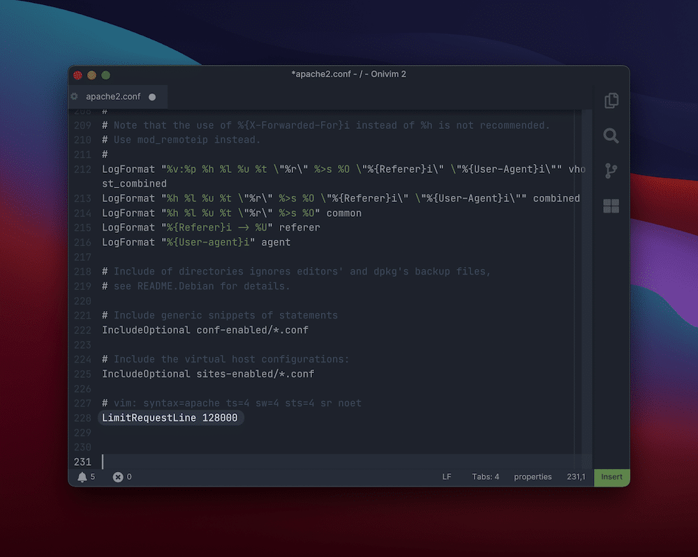 更改Apache服务器配置设置