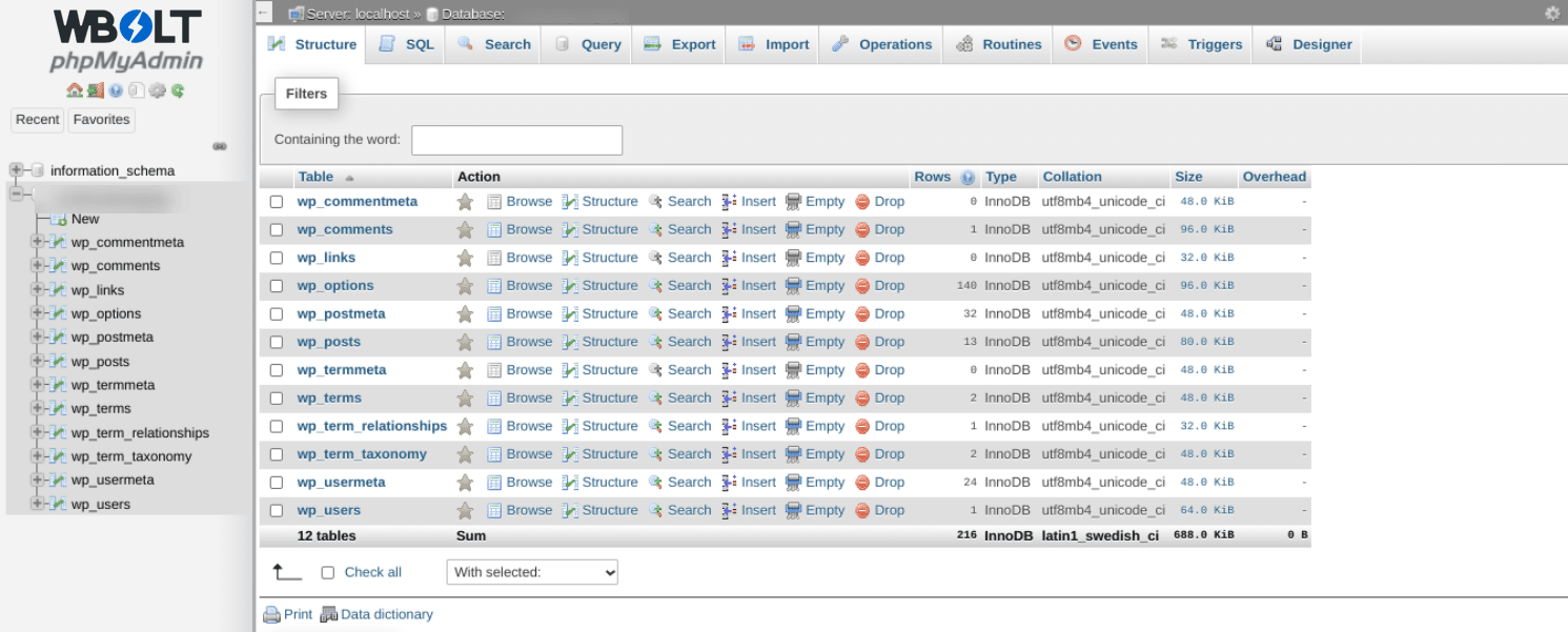 phpMyAdmin中的WordPress数据库表