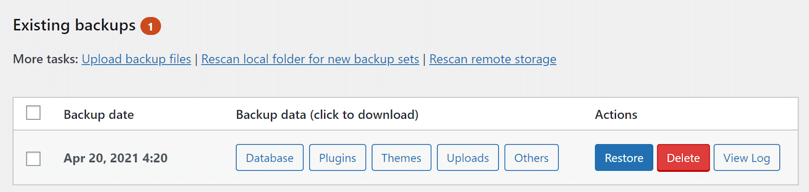 您现有的WordPress站点备份的列表