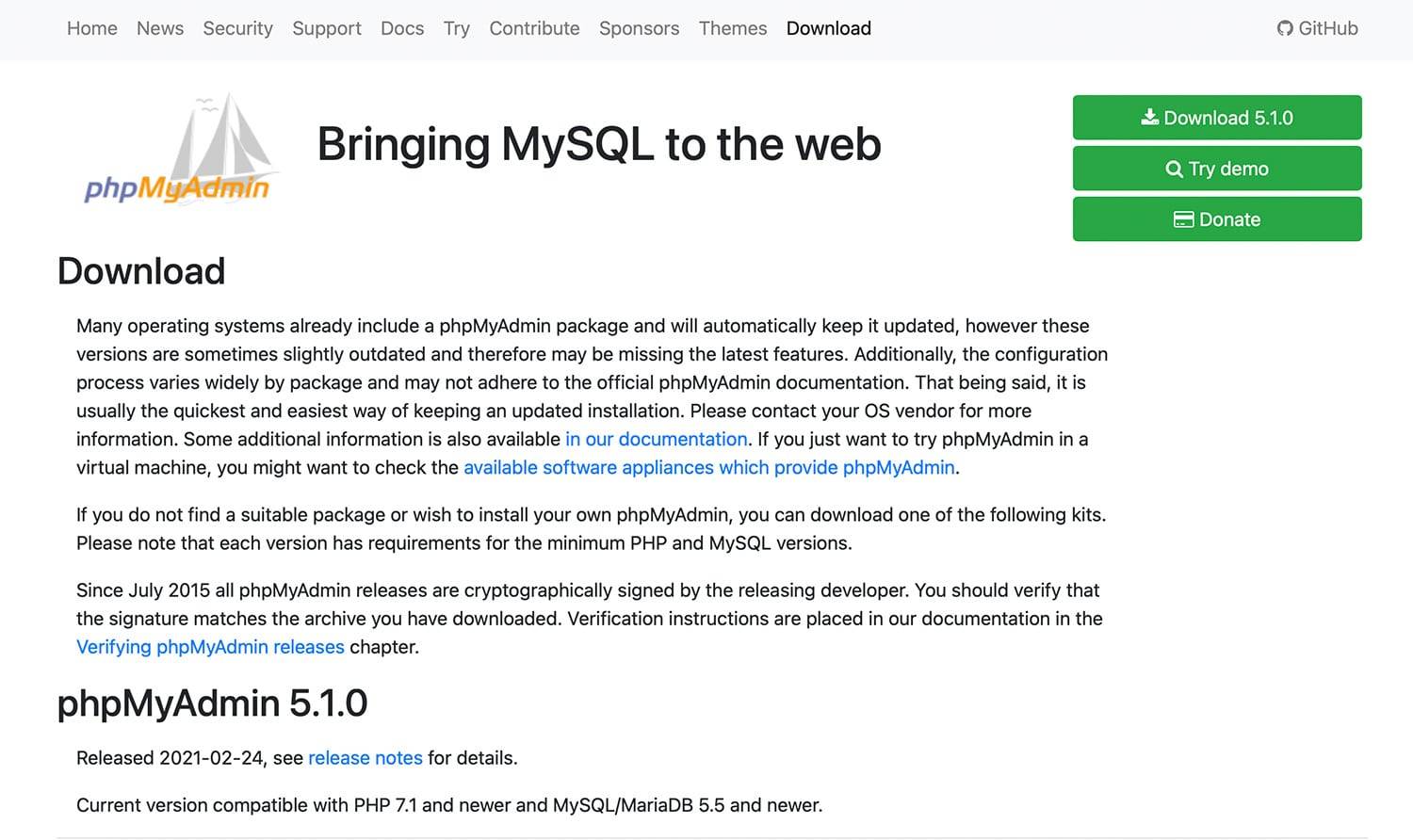 phpMyAdmin的版本下载页面