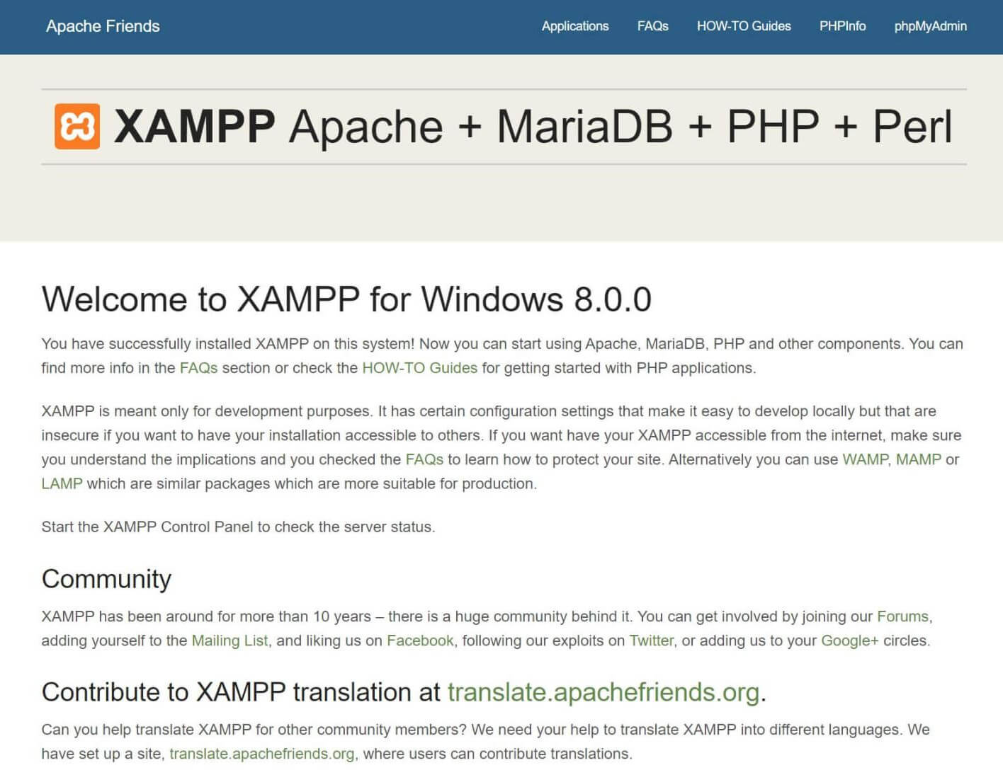 XAMPP“localhost/dashboard”页面