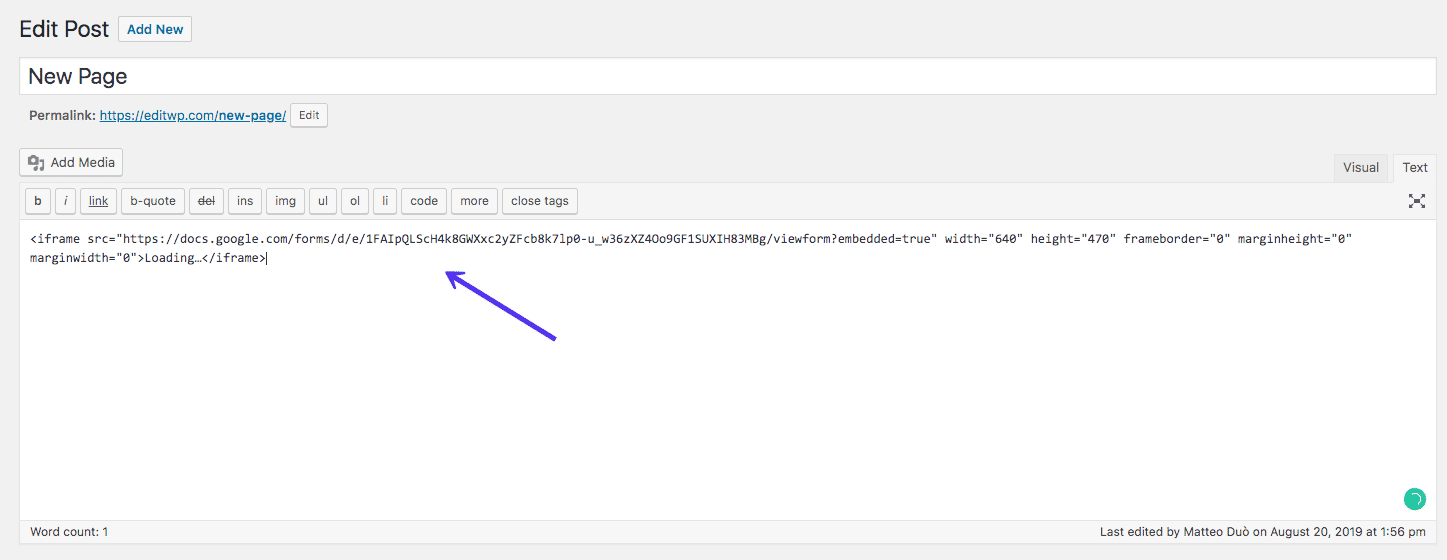 在WordPress经典编辑器中嵌入Google表单