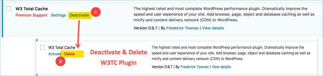 停用和删除W3TC插件