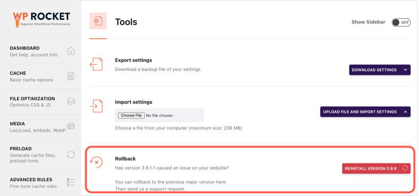 回滚WP Rocket插件
