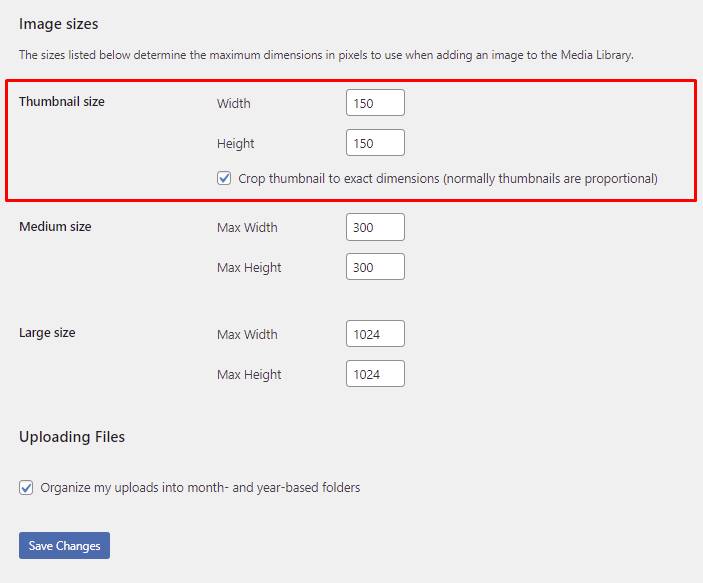 WordPress默认图像大小